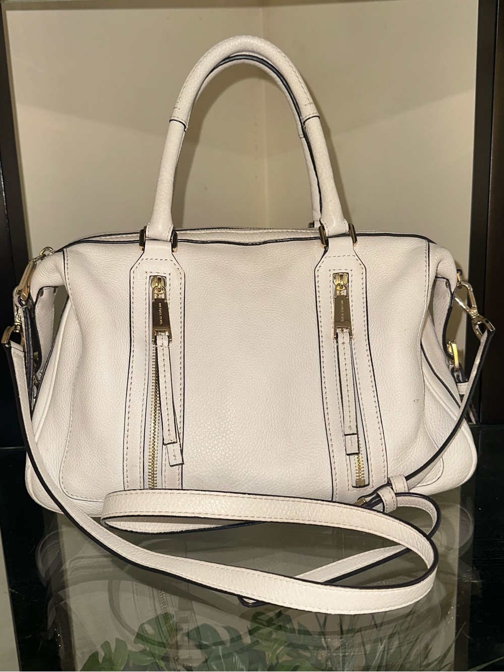 White Leather Satchel Handbag with Gold Hardware Julia speedy style